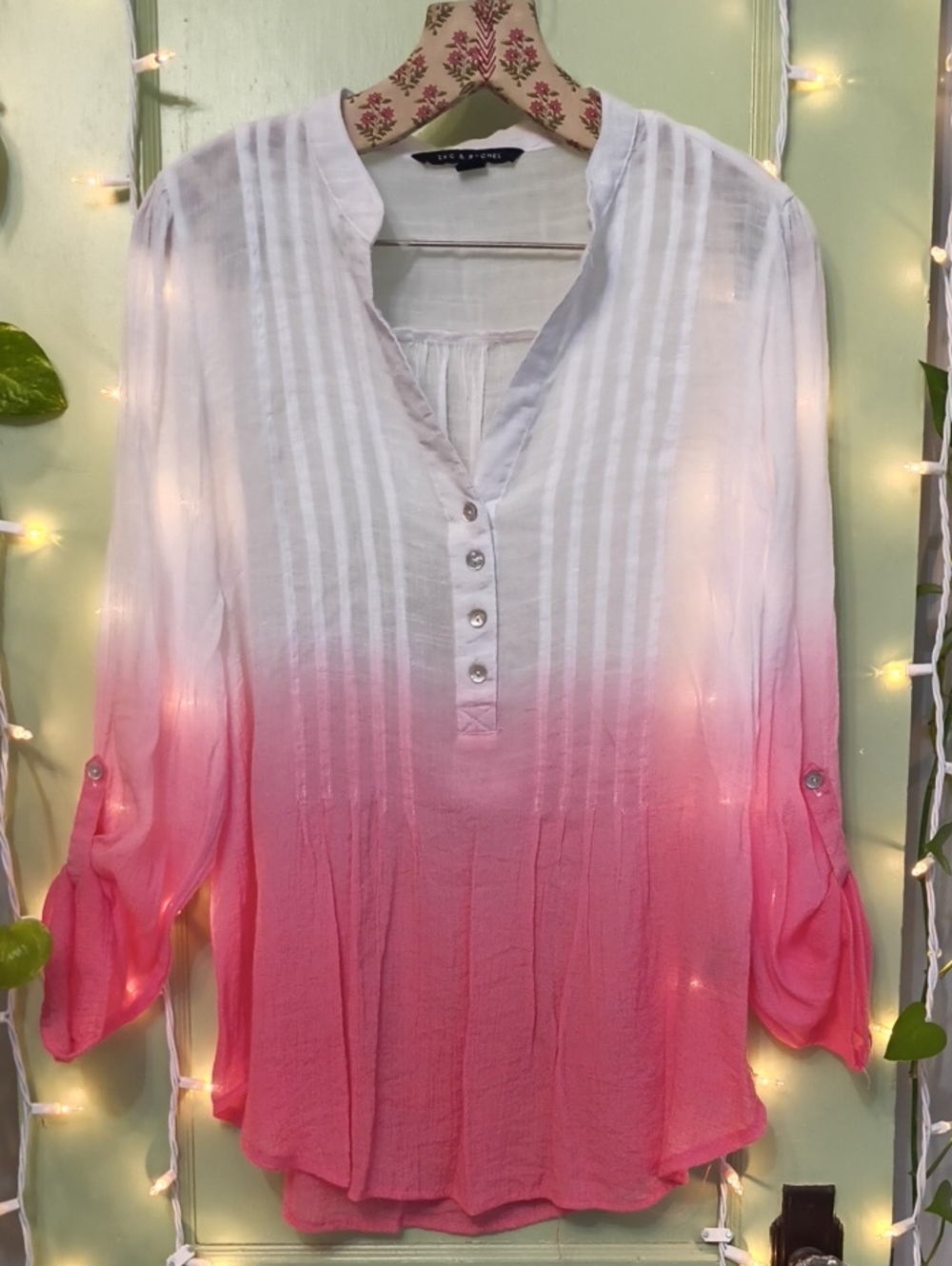 Women's Zac & Rachel White Pink Ombre Gauze Sheer Lightweight Blouse M